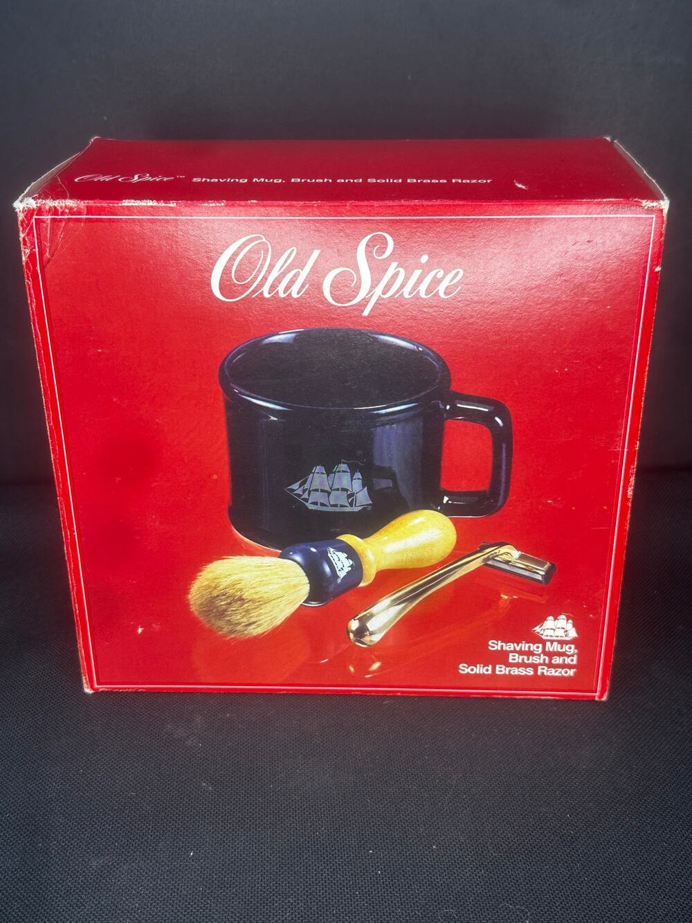 NEW 1985 Old Spice Shaving Mug, Boar Bristle Shaving Brish, solid Brass Razor